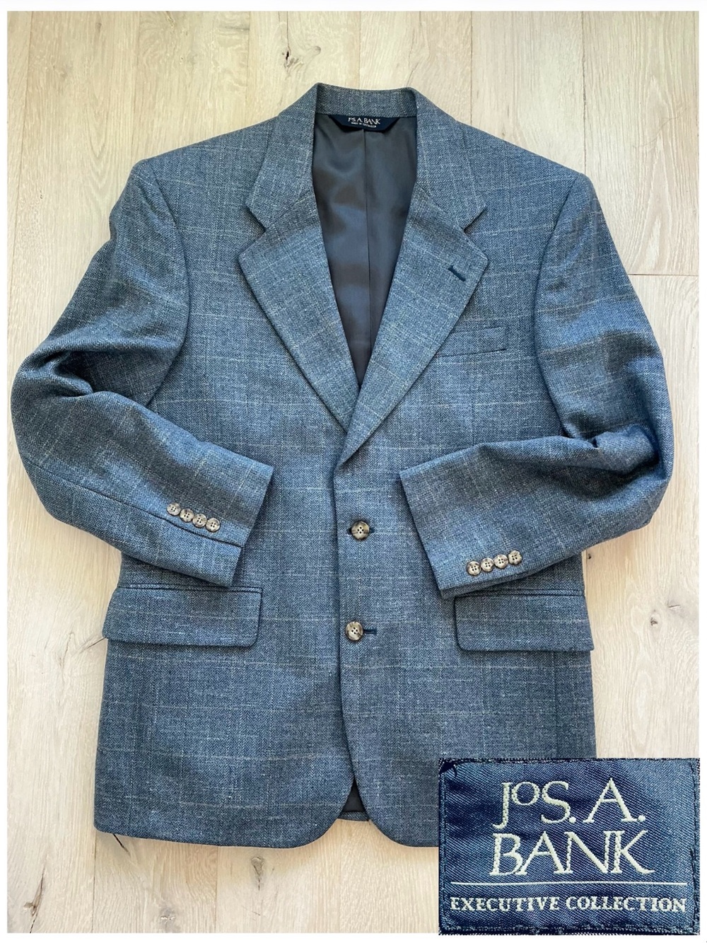 Jos. A. Bank WoolSilkLinen Executive 40S Sport Coat Blue Herringbone Windowpane